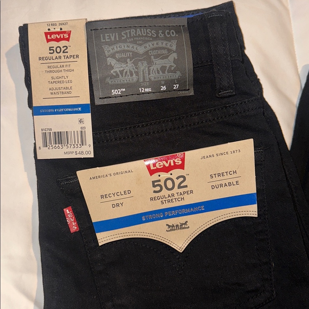 New With Tags Levi's 502 Regular Taper Big Boys Size 12 Black Jeans - Picture 2 of 7